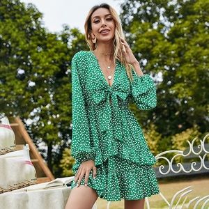 NEW Green/White Floral Self Tie Long Sleeve Dress